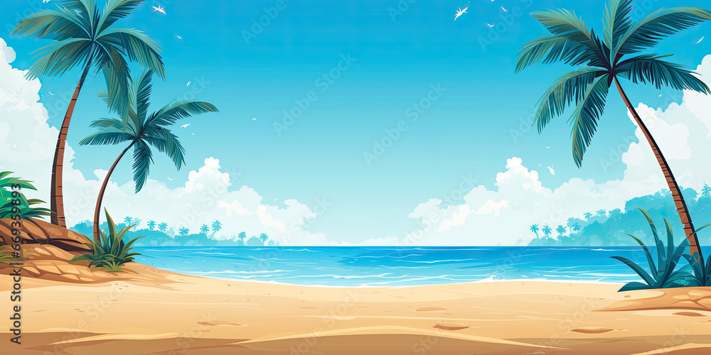 Tropical paradise beach ocean sand sea background wide, generated ai