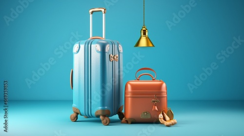 A suitcase, keys and a concierge bell are stored on a bright blue hotel luggage trolley © Muhammad