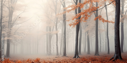 Autumn misty fog woodland forest mist wide background banner, generated ai © dan