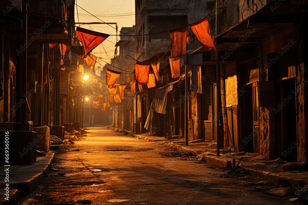 a city street at night with the sun setting on the buildings and flags hanging over the alleys in the area