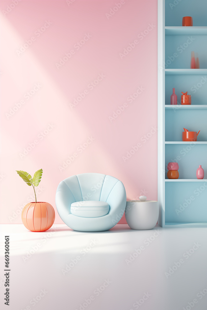 A pastel blue armchair is placed in front of a pink wall, next to the orange flower pot, a small white modern-style table, and a cupboard with shelves. On the shelves, are pink and orange decorations.
