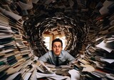 A fish-eye lens shot of a clerk surrounded by stacks of paperwork