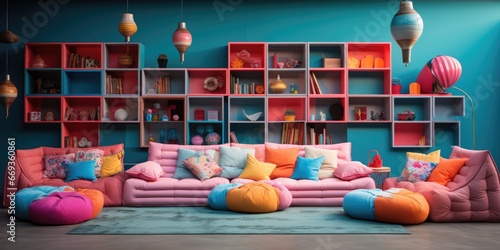 a kids playroom with built-in storage, a chalkboard wall, and plenty of soft floor cushions. AI Generative
