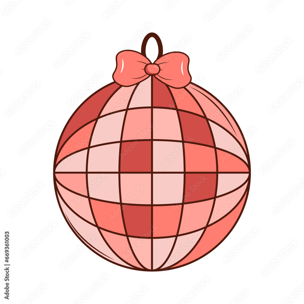Disco ball with bow.Groovy retro cartoon lovely heart sticker, patch. Valentines Day. For poster, card, print. Trendy retro 60s 70s style. Red, pink colors. Vector Disco ball with bow.Groovy retro cartoon lovely heart sticker, patch. Valentines Day. For poster, card, print. Trendy retro 60s 70s style. Red, pink colors. Vector