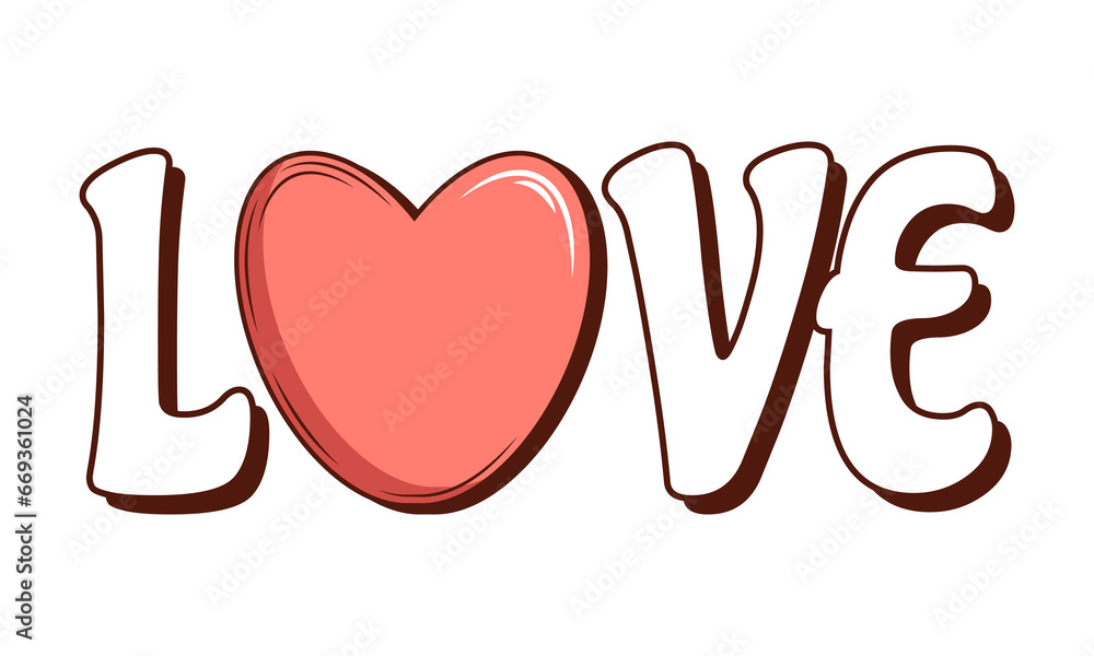Inscription Love and heart. Groovy retro cartoon lovely heart sticker, patch. Valentines Day. For poster, card, print. Trendy retro 60s 70s style. Red, pink colors. Vector Inscription Love and heart. Groovy retro cartoon lovely heart sticker, patch. Valentines Day. For poster, card, print. Trendy retro 60s 70s style. Red, pink colors. Vector