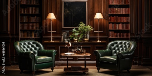 a masculine den with leather armchairs, dark wood paneling, and a vintage bar cart. AI Generative