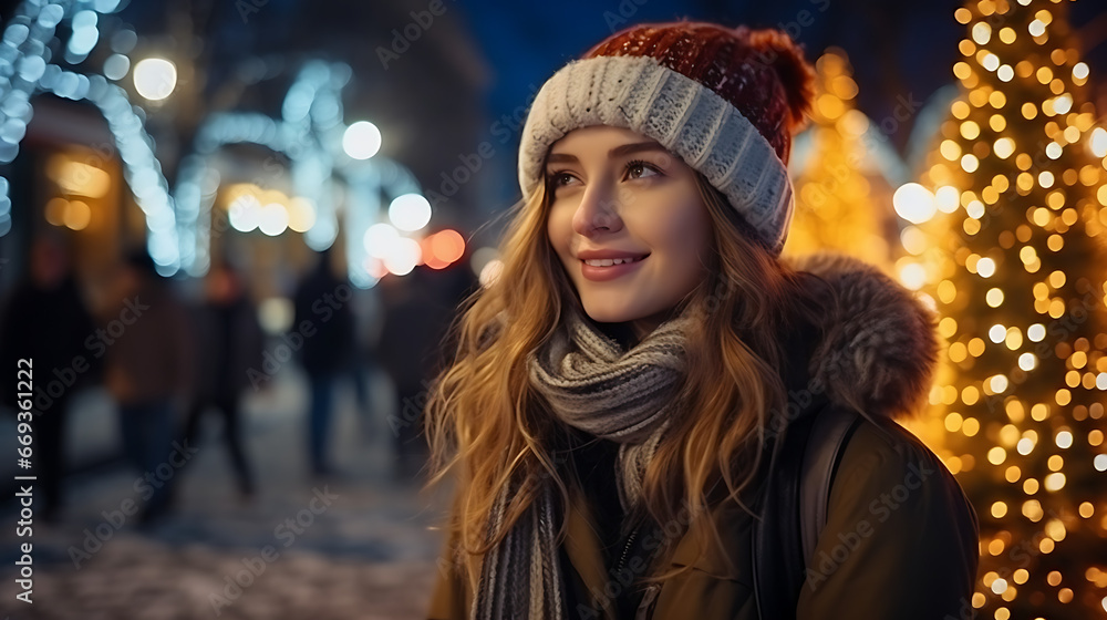 A young woman walks at the Christmas market with bright lights during the winter holidays
