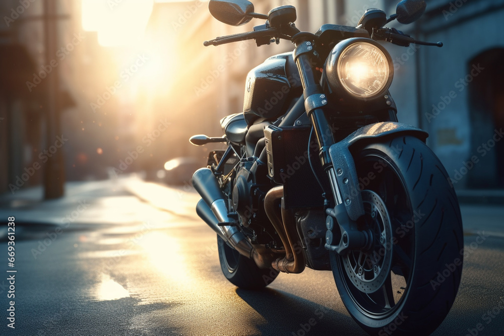 Motorcycle parked on the street in the rays of the setting sun