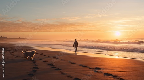 Romantic walk on the beach with a dog on a sunny day. Generative AI