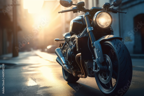 Motorcycle parked on the street in the rays of the setting sun