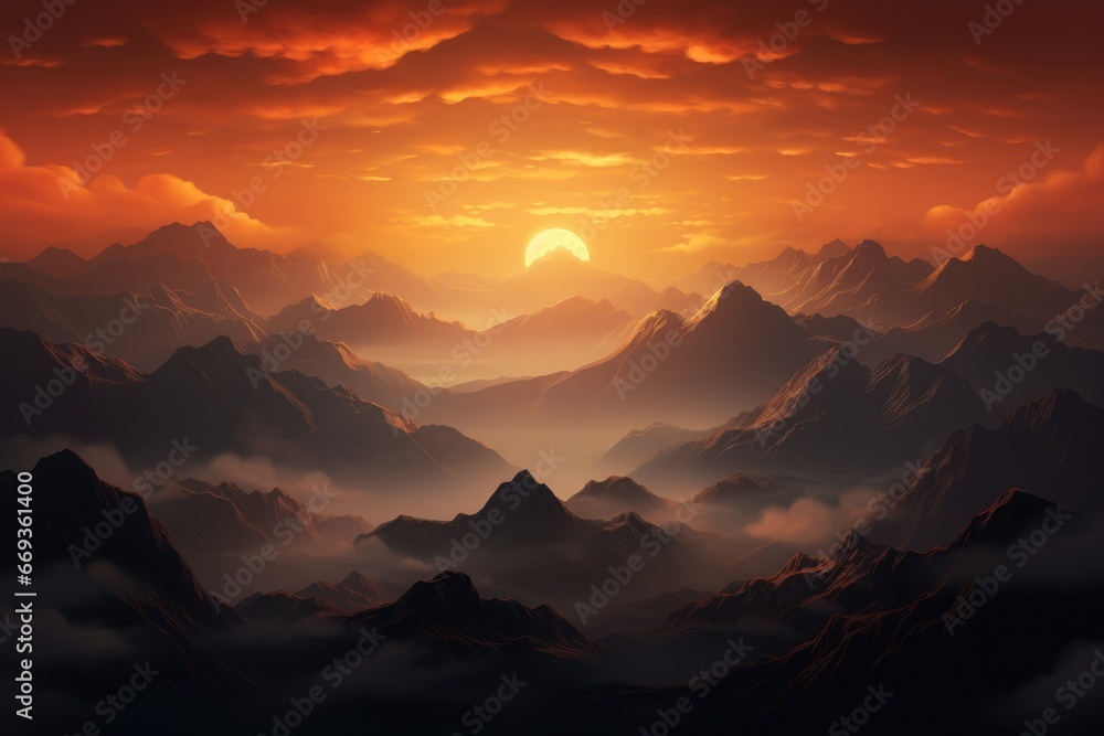 Fantasy landscape with mountains and clouds at sunset. 3d illustration, sunrise over the mountains, AI Generated