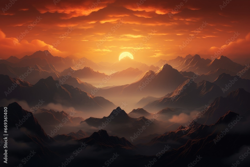 Fantasy landscape with mountains and clouds at sunset. 3d illustration, sunrise over the mountains, AI Generated Fantasy landscape with mountains and clouds at sunset. 3d illustration, sunrise over the mountains, AI Generated