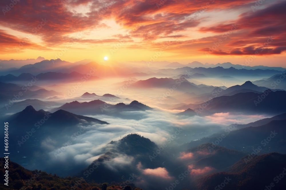 Beautiful sunrise in the mountains with fog and sun. Nature background, sunrise over the mountains, AI Generated