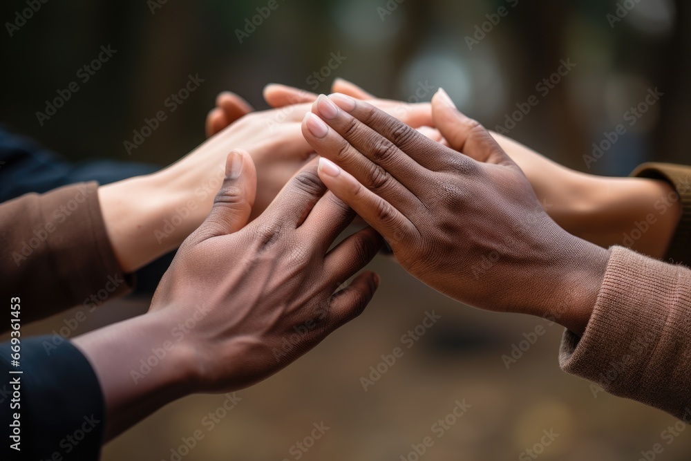 Close-up of hands of young people holding each other in park, Team members high-fiving close-up, Hands visible only, No visible faces, No hand deformities, AI Generated - obrazy, fototapety, plakaty 