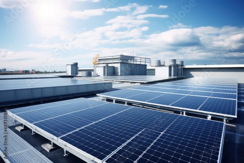 Solar panels on the roof of a modern building. Alternative energy source, Tendency to take advantage of the free roofs of the industries to place photovoltaic panels to reduce business, AI Generated