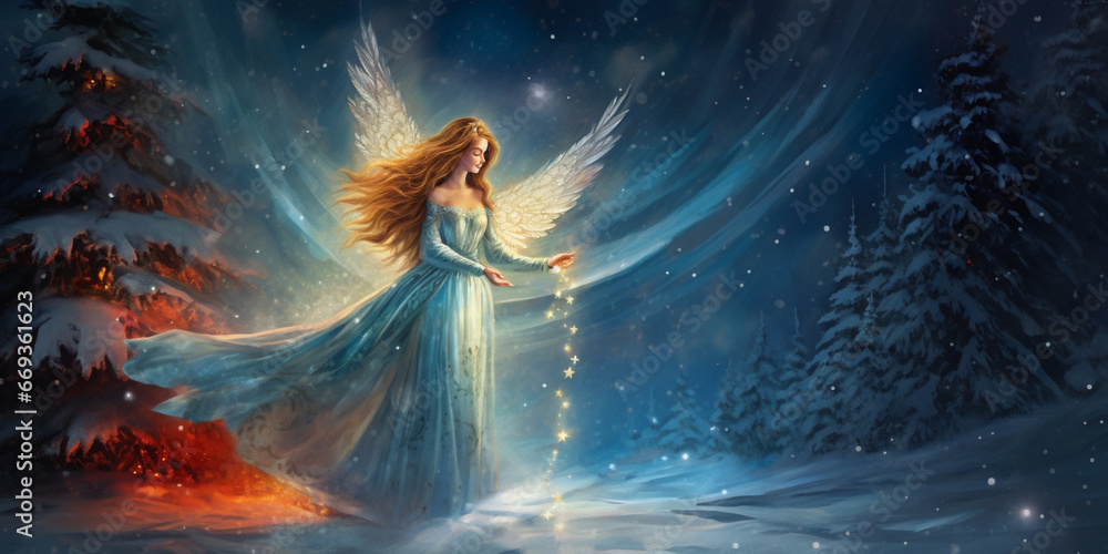 
Beautiful angel near the Christmas tree on snow starry night sky Angel with flowers in her hair and wings on a dark.AI Generative 