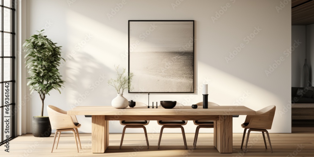 a minimalist dining room with a simple wooden table and modern chairs. AI Generative a minimalist dining room with a simple wooden table and modern chairs. AI Generative