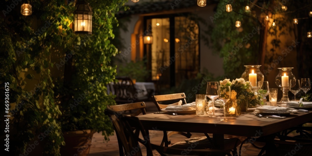 a romantic outdoor dining space with a wrought iron table, draped with flowing white linens, surrounded by candlelight and strings of twinkle lights. AI Generative