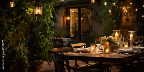 a romantic outdoor dining space with a wrought iron table  draped with flowing white linens  surrounded by candlelight and strings of twinkle lights. AI Generative