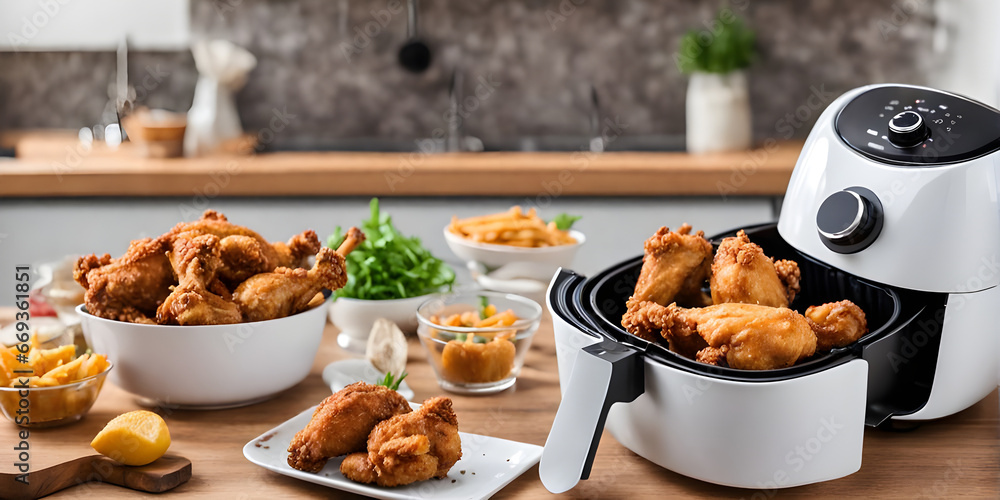 Air fryer cooking machine and french fries fried chicken on table in the bright kitchen. Stock Adobe Stock