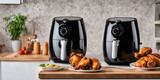 Air fryer cooking machine and french fries, fried chicken on table in the bright kitchen.