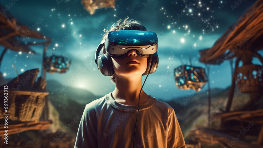 A boy in a virtual reality headset, close-up portrait, imaginary world A boy in a virtual reality headset, close-up portrait, imaginary world