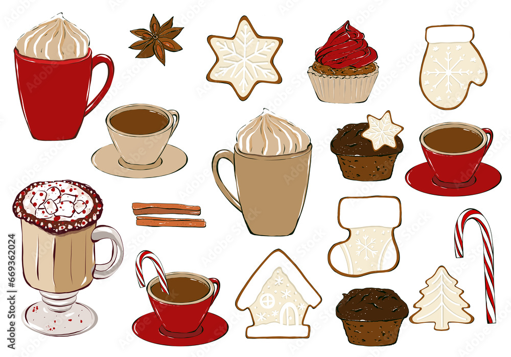 Set of Christmas hot drink, coffee cup, gingerbread cookies, cupcake and spice. Festive drink, hand drawn illustration isolated on white background.