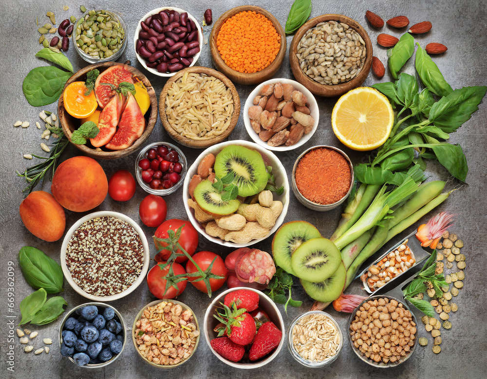 food for fitness concept with fruit, vegetables, pulses, herbs, spices, nuts, grains and pulses. High in anthocyanins, antioxidants, smart carbohydrates, omega 3, minerals and vitamins