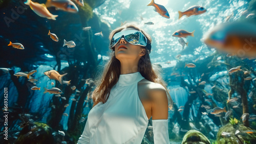 Underwater, a girl in a virtual reality headset, close-up portrait, imaginary world, fantasy