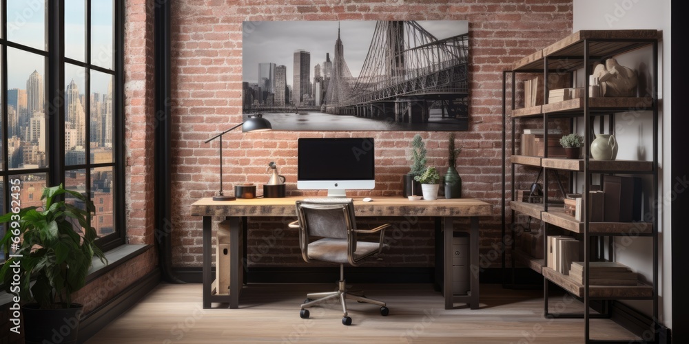 a industrial-style home office with a reclaimed wood desk, a metal bookshelf, and an exposed brick wall. AI Generative