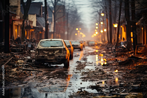a car that is stuck in the middle of a street with water all over it and debris scattered on the ground