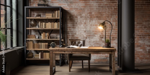 a industrial-style home office with a reclaimed wood desk, a metal bookshelf, and an exposed brick wall. AI Generative