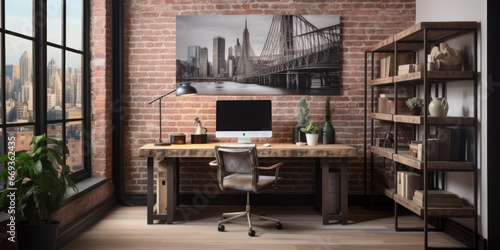 a industrial-style home office with a reclaimed wood desk, a metal bookshelf, and an exposed brick wall. AI Generative © Horsi