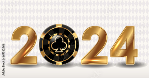 Happy 2024 new year with casino xmas poker clubs chip. vector illustration