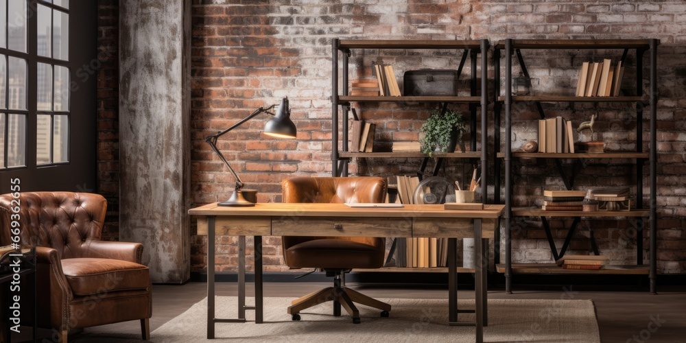 a industrial-style home office with a reclaimed wood desk, a metal bookshelf, and an exposed brick wall. AI Generative