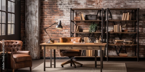 a industrial-style home office with a reclaimed wood desk, a metal bookshelf, and an exposed brick wall. AI Generative