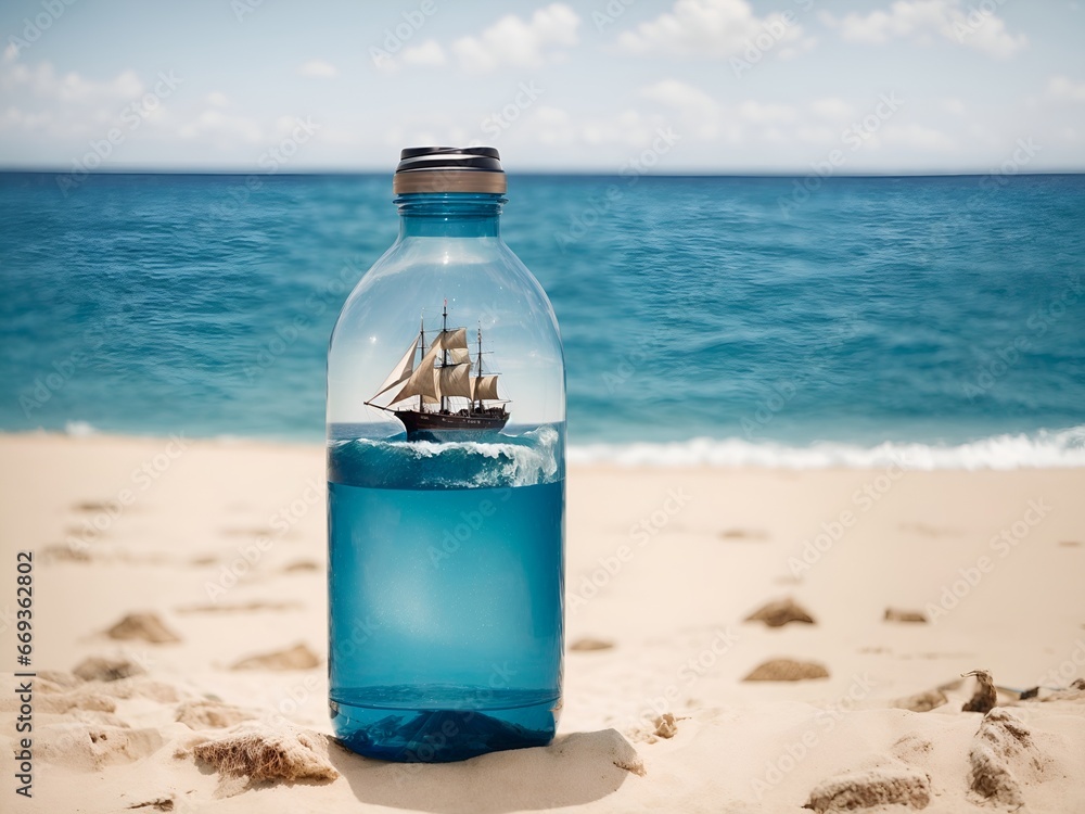 A water bottle containing a sailing ship on the seashore A water bottle containing a sailing ship on the seashore