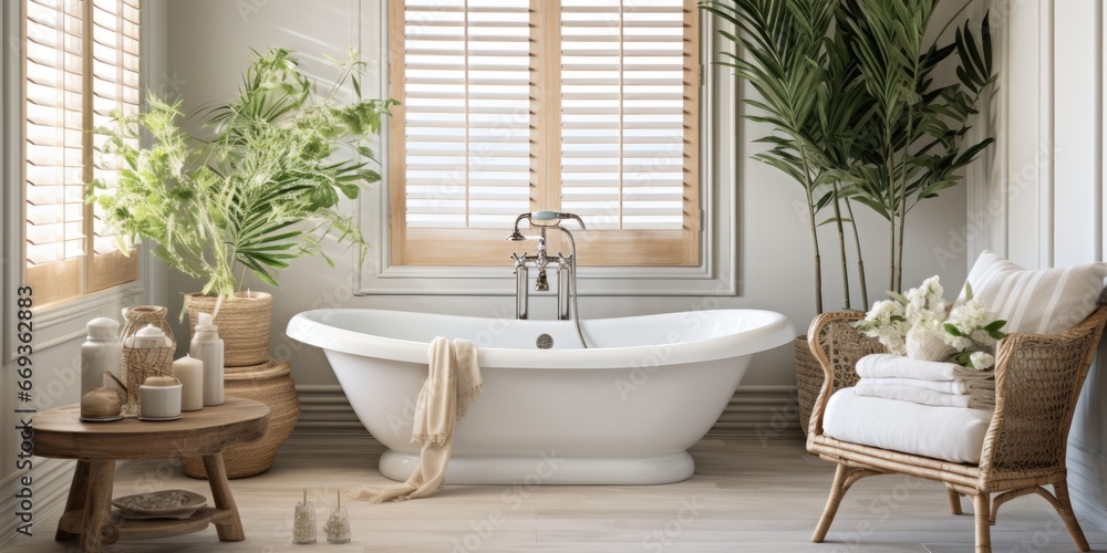 Design a beach-inspired bathroom with blue and white striped wallpaper, a claw foot tub, and driftwood accents. AI Generative Design a beach-inspired bathroom with blue and white striped wallpaper, a claw foot tub, and driftwood accents. AI Generative