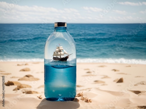 A water bottle containing a sailing ship on the seashore