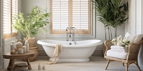 Design a beach-inspired bathroom with blue and white striped wallpaper  a claw foot tub  and driftwood accents. AI Generative