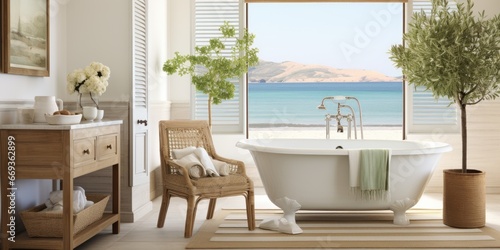 Design a beach-inspired bathroom with blue and white striped wallpaper  a claw foot tub  and driftwood accents. AI Generative