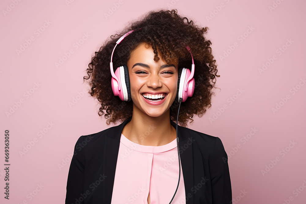 Mixed race woman wearing headphones smile and happy isolated on clean background. Mixed race woman wearing headphones smile and happy isolated on clean background.
