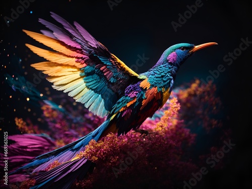 A vibrant ethereal bird with luminous, multicolored wings soars