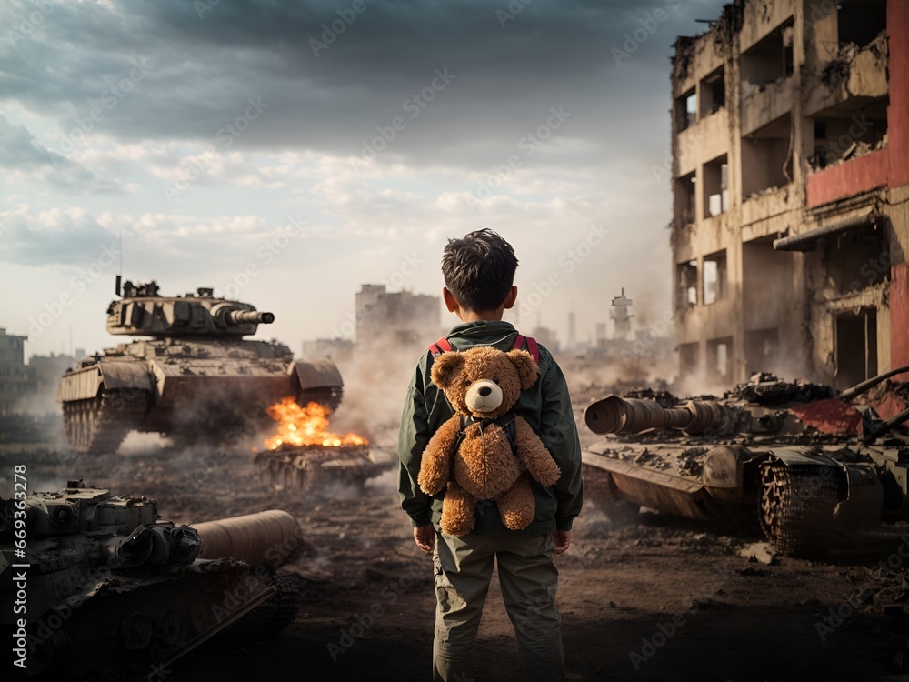 A young boy with a teddy bear on his back stands amidst a tanks and a flying jet with destroyed city in background
