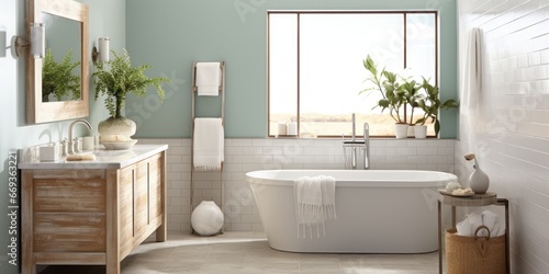 Design a beach-inspired bathroom with white subway tiles  sea glass accents  and a driftwood vanity. AI Generative