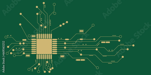 Abstract image, close-up view of circuit board illustration technology high end  computer technology circuit board. Golden lines on a green background .
