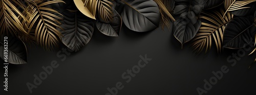 Golden and black tropical leaves. Black background.