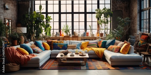 Design a bohemian-inspired living room with a mix of textures and patterns. AI Generative