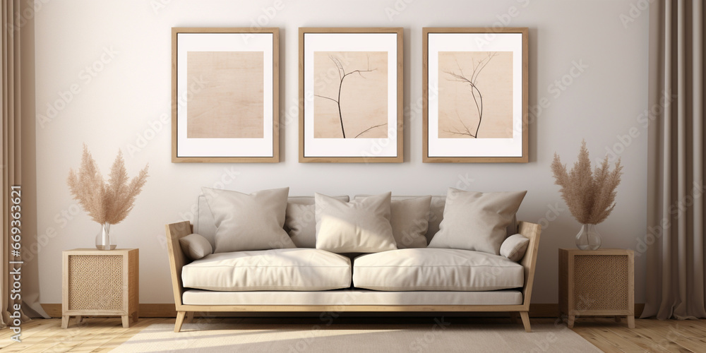 Room with khaki sofa and pillows tables plant hanging bamboo lamp and 3 empty frames 
mockup poster frame in modern interior background interior space living room Contemporary style.AI Generative
