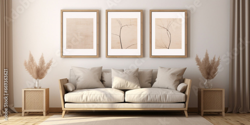 Room with khaki sofa and pillows tables plant hanging bamboo lamp and 3 empty frames mockup poster frame in modern interior background interior space living room Contemporary style.AI Generative 